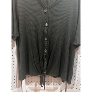 Avenue Olive‎ Green Waffle Knit Button Front Tie Waist Top Plus Size 18 20
